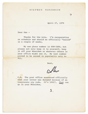 SONDHEIM, STEPHEN. Small archive of 7 Typed Letters Signed, "Steve" or "Stephen Sondheim" or "S," to press agent Daniel Langen or OCEE